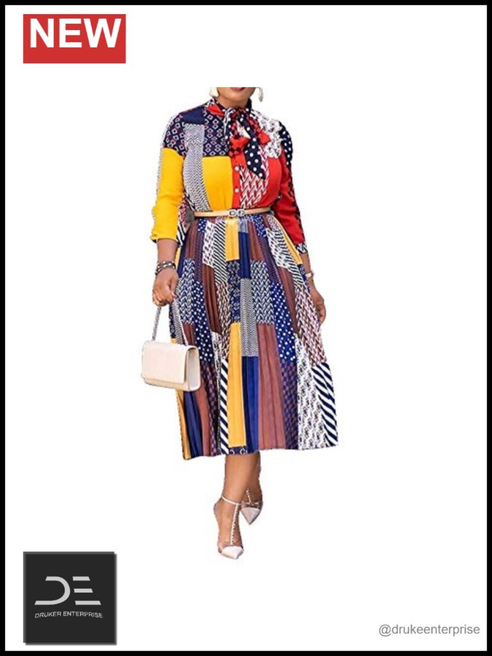 VERWIN Bow Collar Patchwork A-Line Long Sleeve Midi Dress